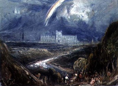 Vista de uma encosta de uma cidade distante e catedral, (provavelmente Exeter), com um rio em primeiro plano de Francis Abel William Taylor Armstrong
