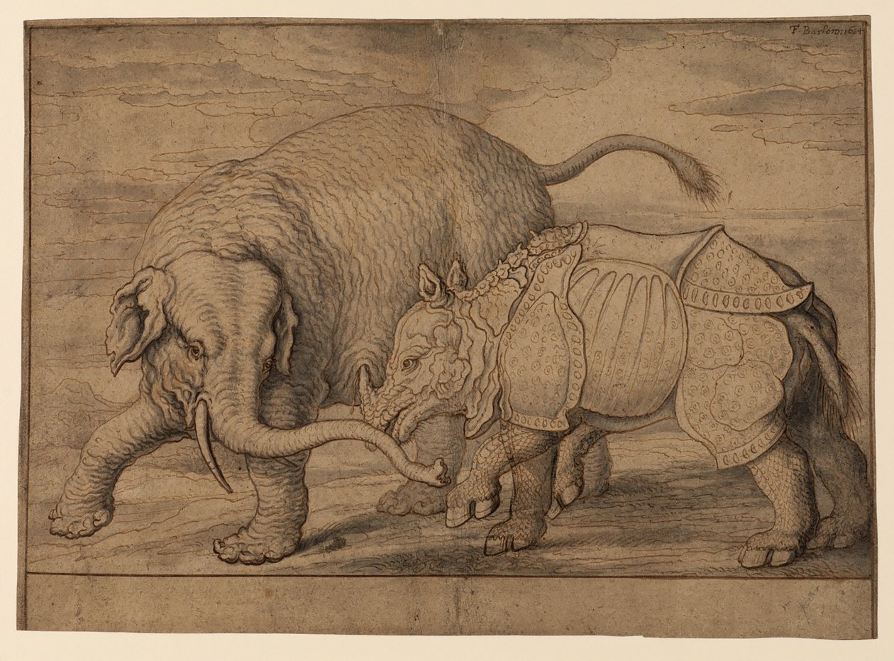 Luta entre um elefante e rinoceronte de Francis Barlow