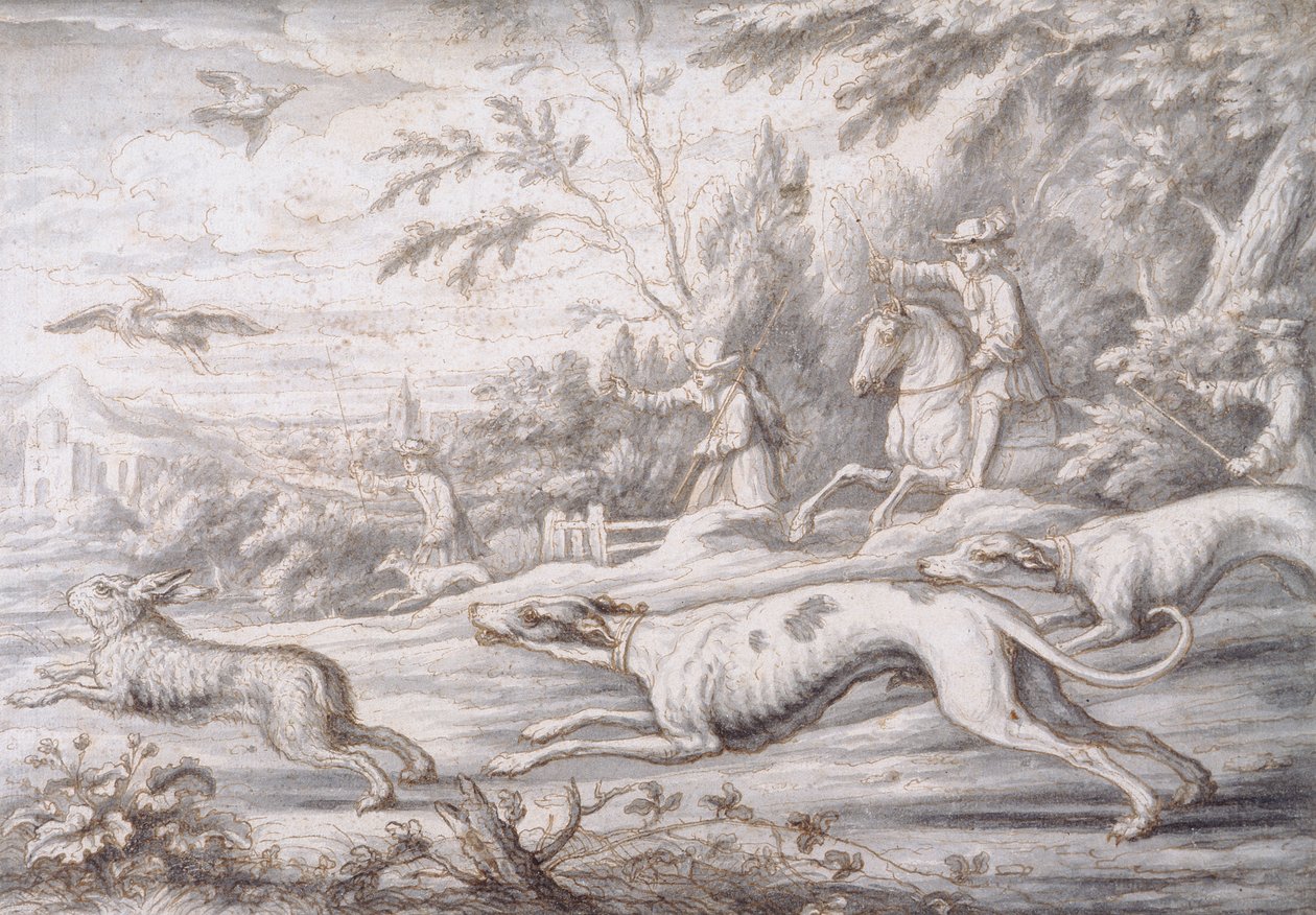 Caça à Lebre (caneta, tinta castanha e lavagem cinzenta sobre papel) de Francis Barlow