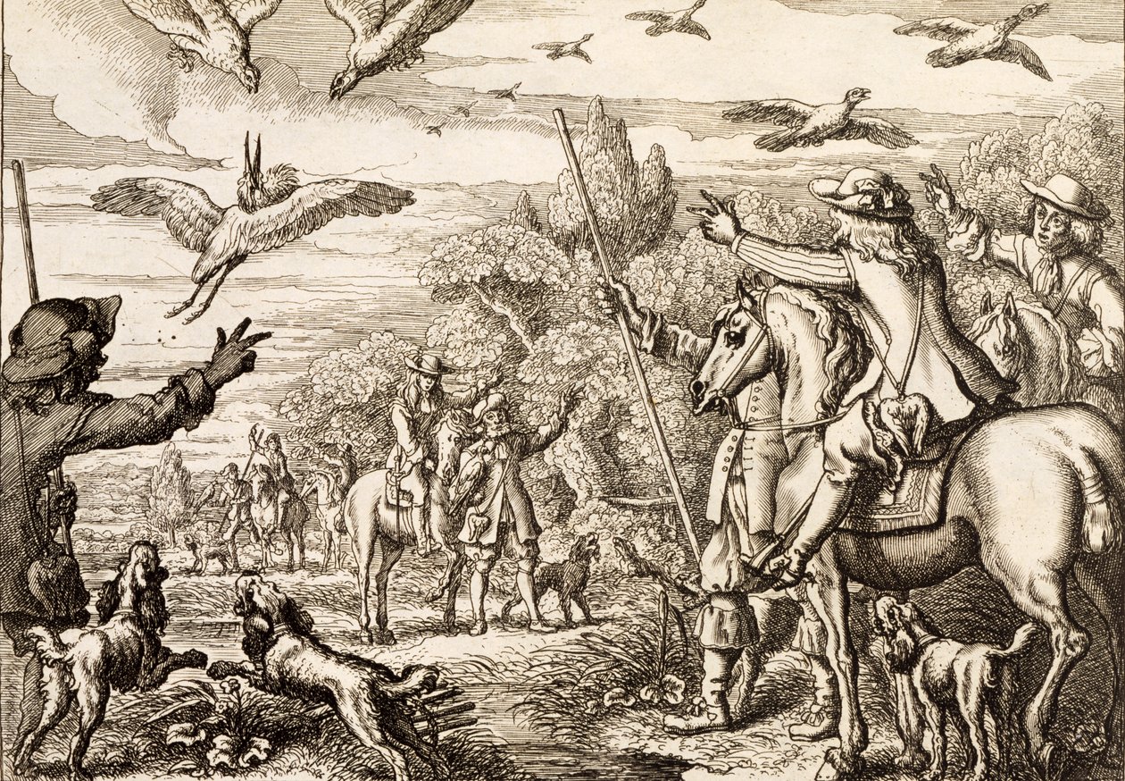 Garça-real Hawking, gravada por Wenceslaus Hollar, 1671 de Francis Barlow
