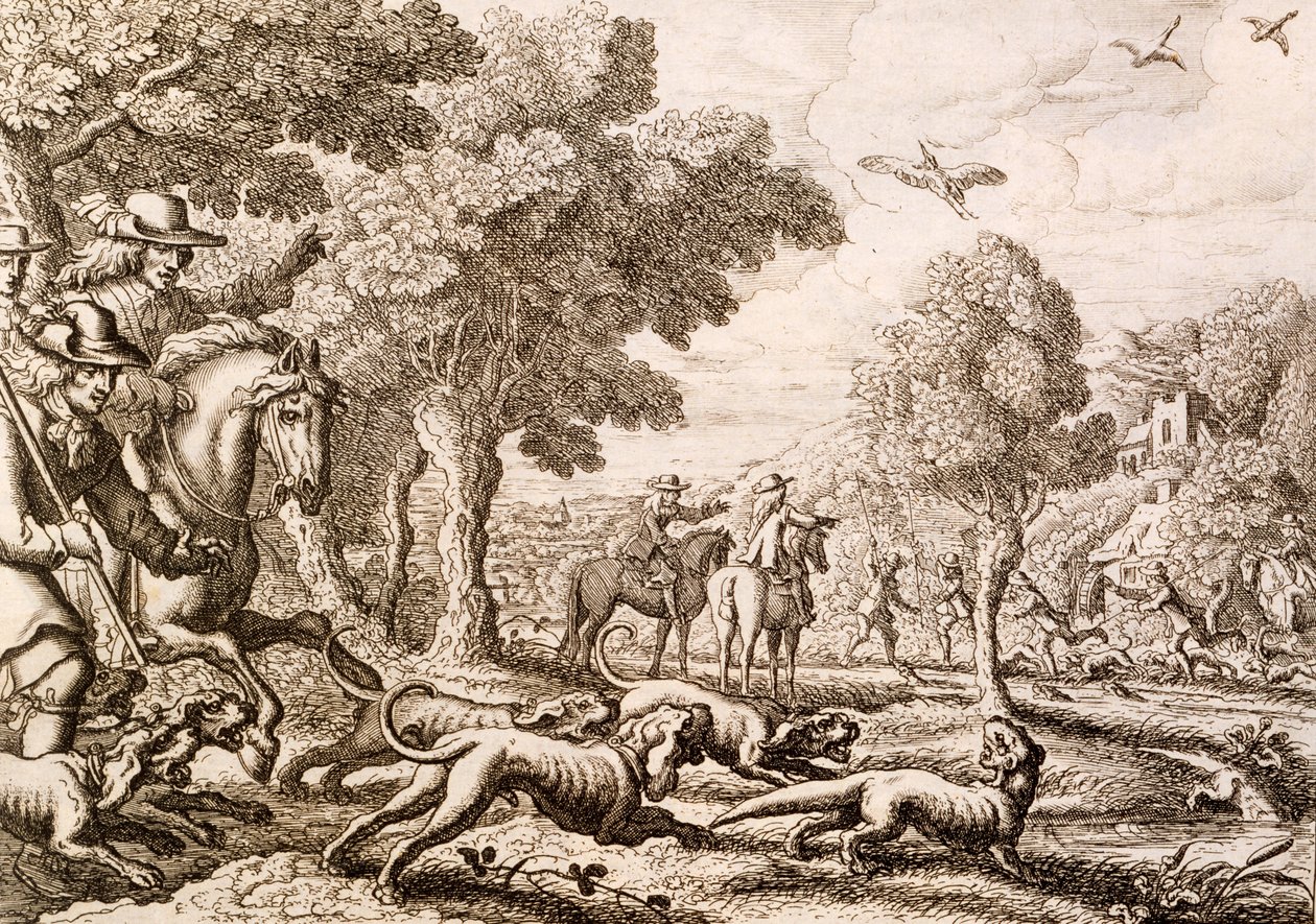 Caça às lontras por um rio, gravada por Wenceslaus Hollar, 1671 de Francis Barlow