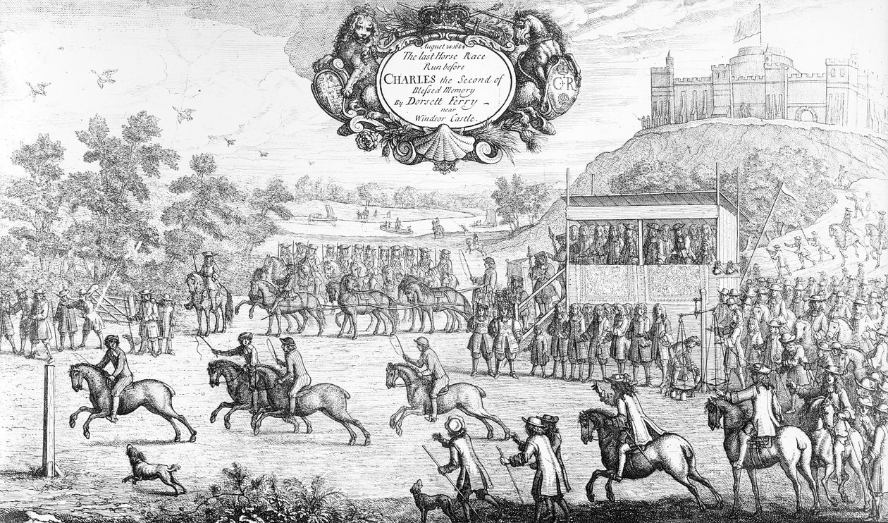 A Última Corrida de Cavalos acontece antes de Carlos, o Segundo da Memória Abençoada, por Dorsett Ferry, perto do Castelo de Windsor, em 24 de agosto de 1684, 1687 de Francis Barlow