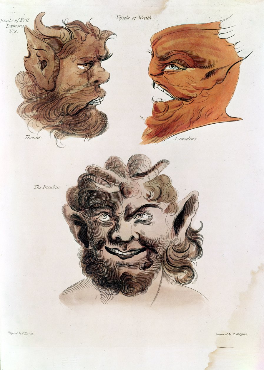 Chefes de Demônios do Mal: Theumis, Asmodeus e The Incubus, ilustrações de &39;The Magus&39;, pub. 1801 (gravura colorida à mão) de Francis Barrett