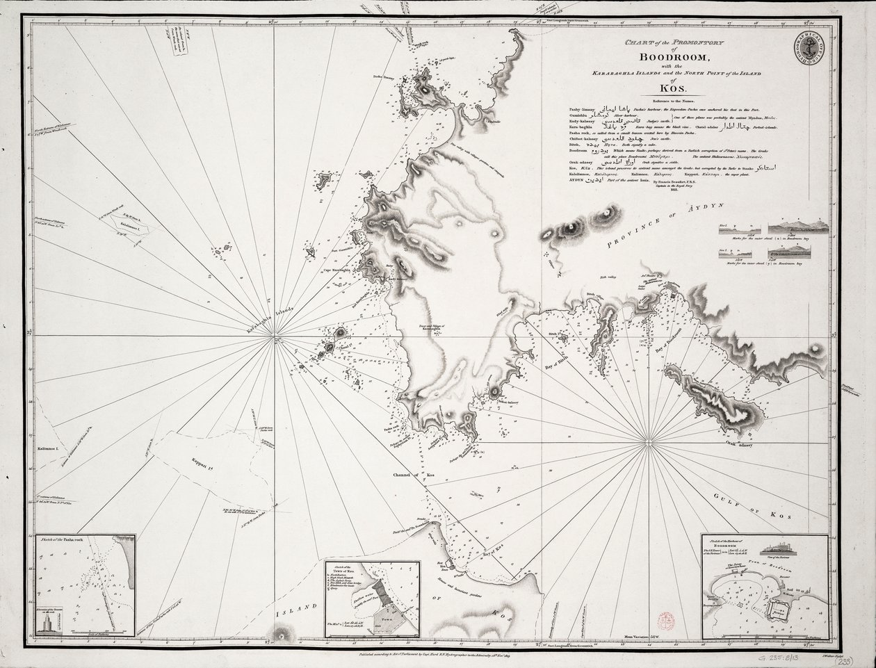 Carta do promontório de Boodroom com as ilhas Karabaghla e a ponta norte da ilha de Kos ... por Francis Beaufort F.R.S. ... 1811 de Francis Beaufort