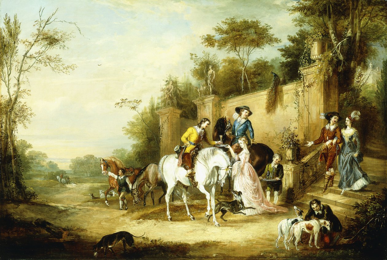 Uma festa Hawking saindo dos degraus de uma casa de campo, 1828 de Francis Calcraft Turner
