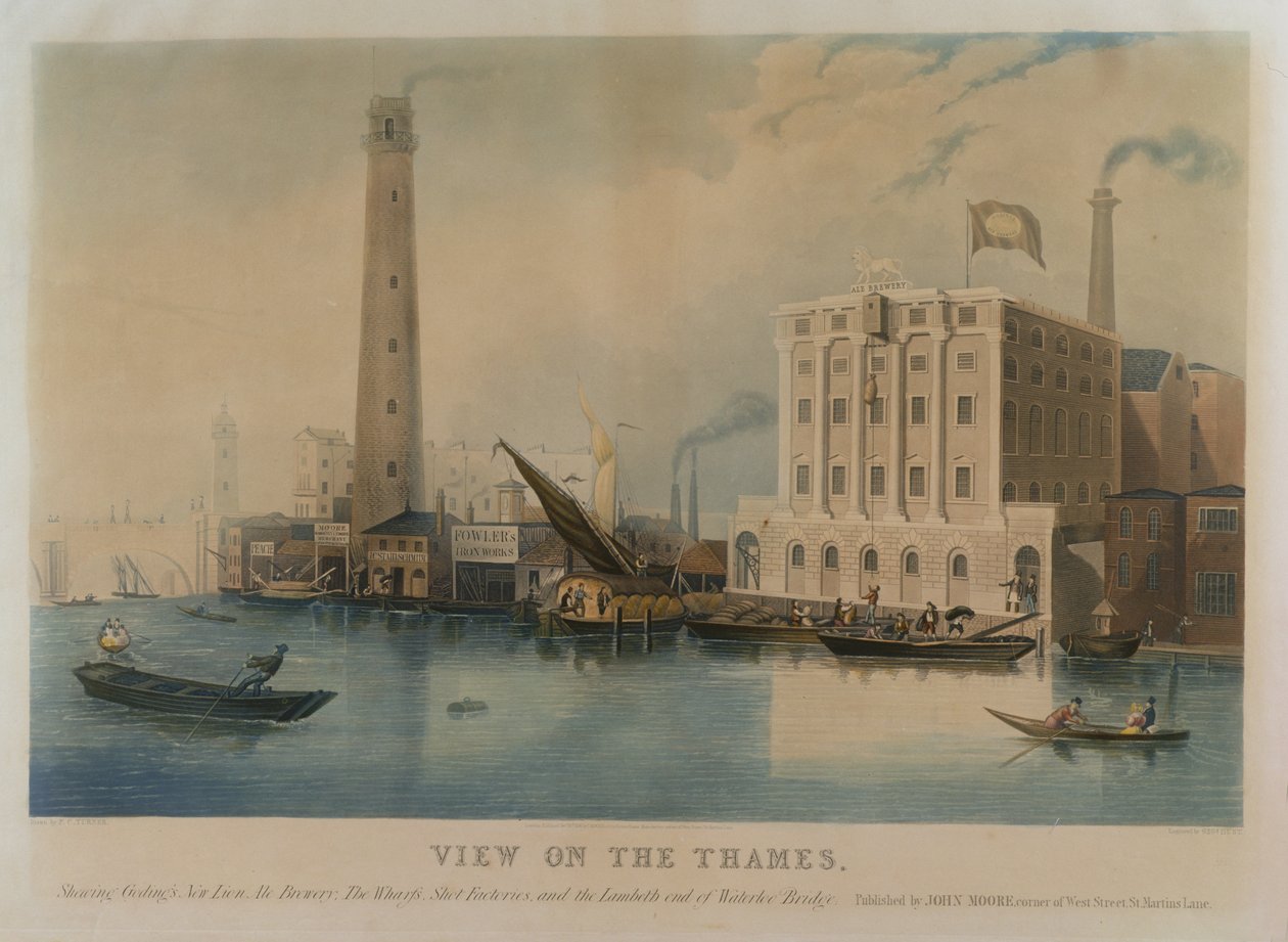 Vista da nova Cervejaria Lion Ale da Goding, Iron Works da Fowler e Manufactory Shot de Walker, Lambeth, 1836 (imagens de aquatint) de Francis Calcraft Turner