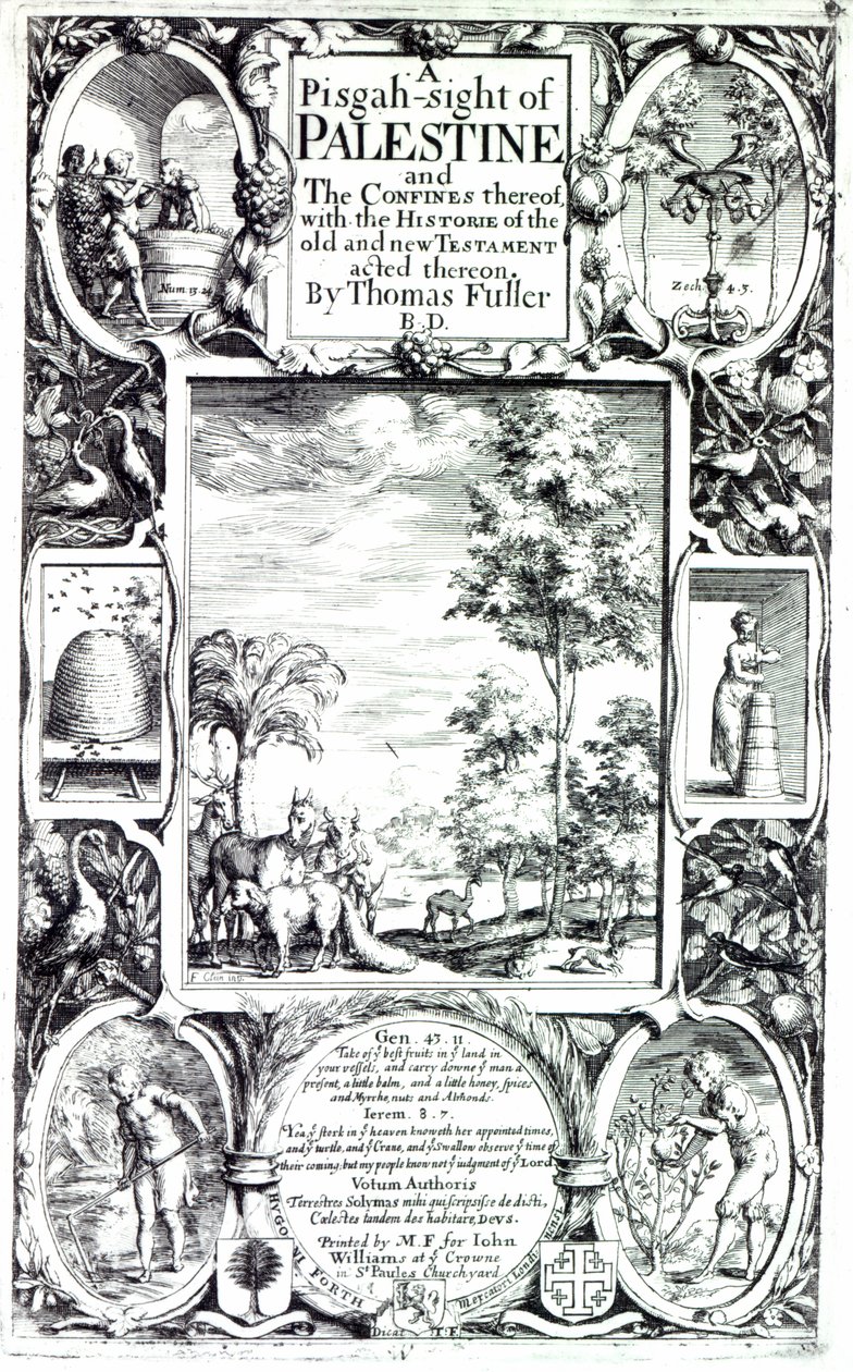 Página de rosto de &39;A Pisgah-sight of Palestine&39; de Thomas Fuller publicado em 1650 de Francis Cleyn