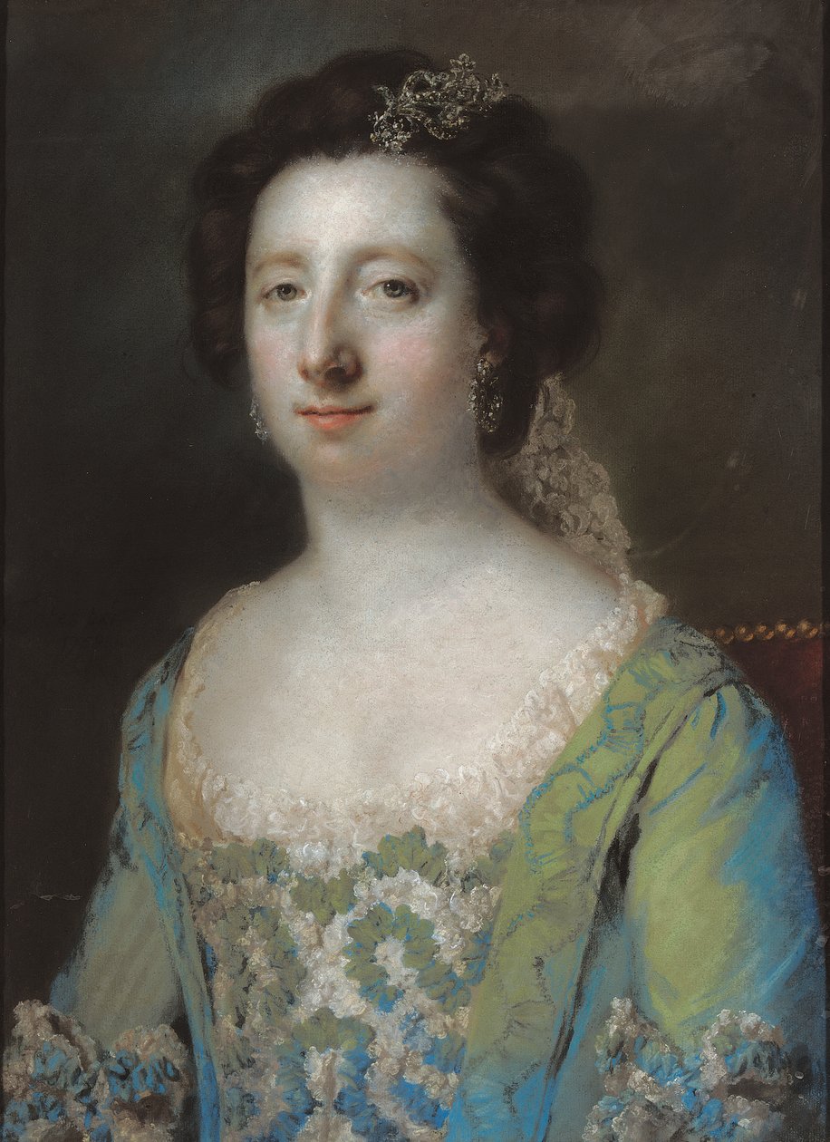 Retrato do Exmo. Sra. Bridget Gunning, meio comprimento, em um vestido azul com babados, 1758 de Francis Cotes