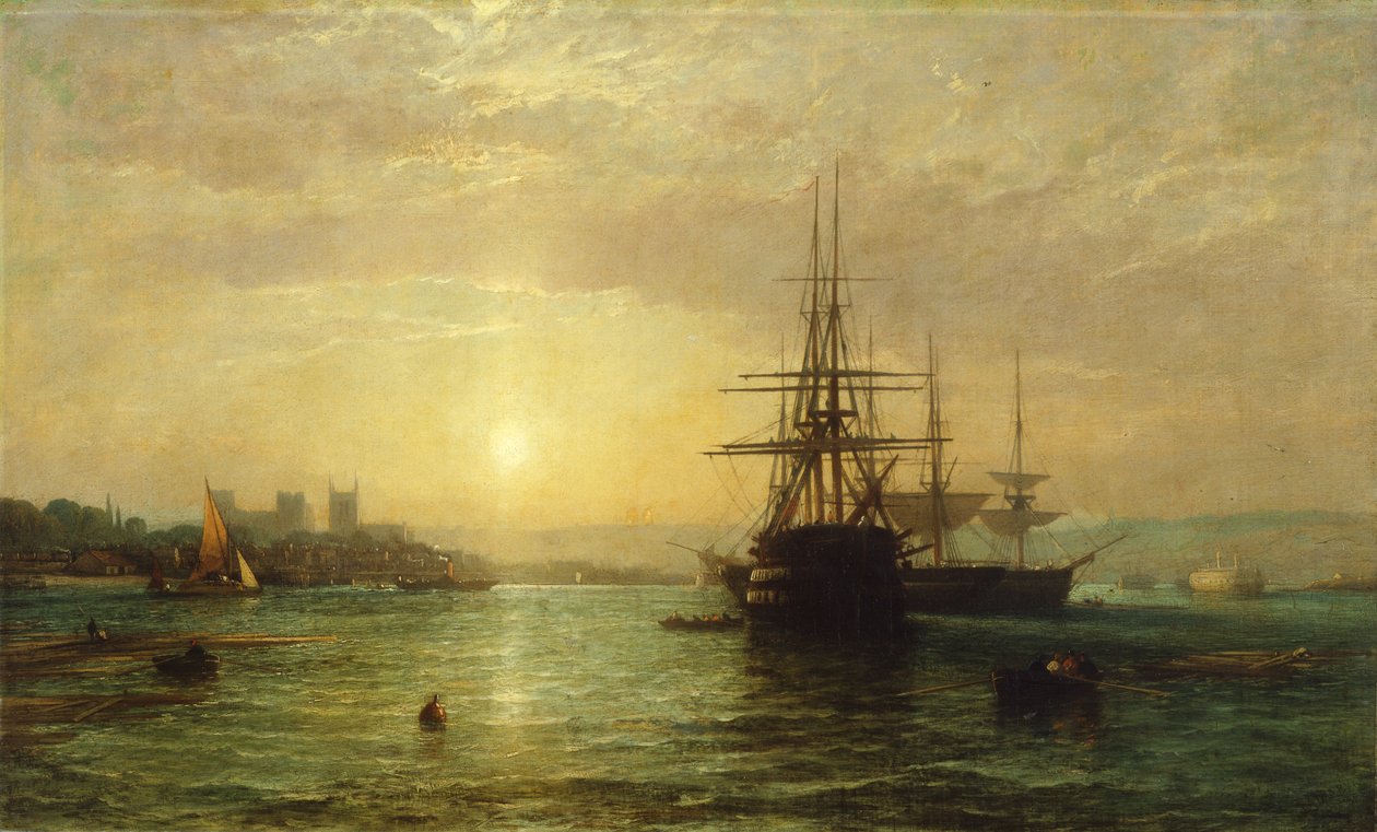 Uma Vista do Rio Medway ao anoitecer (óleo sobre tela) de Francis Danby