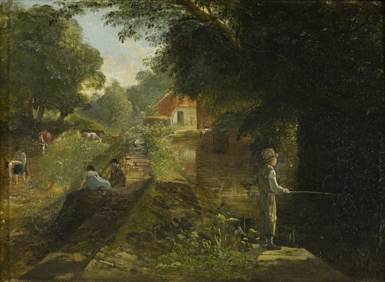 Boy Fishing, Stapleton, c. 1822-23 (óleo sobre cartão colocado no painel) de Francis Danby