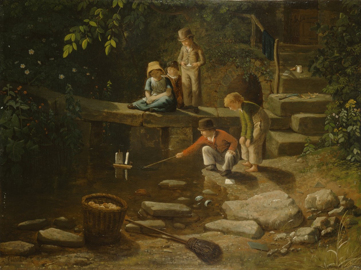 Menino navegando em um barquinho (óleo no painel) de Francis Danby