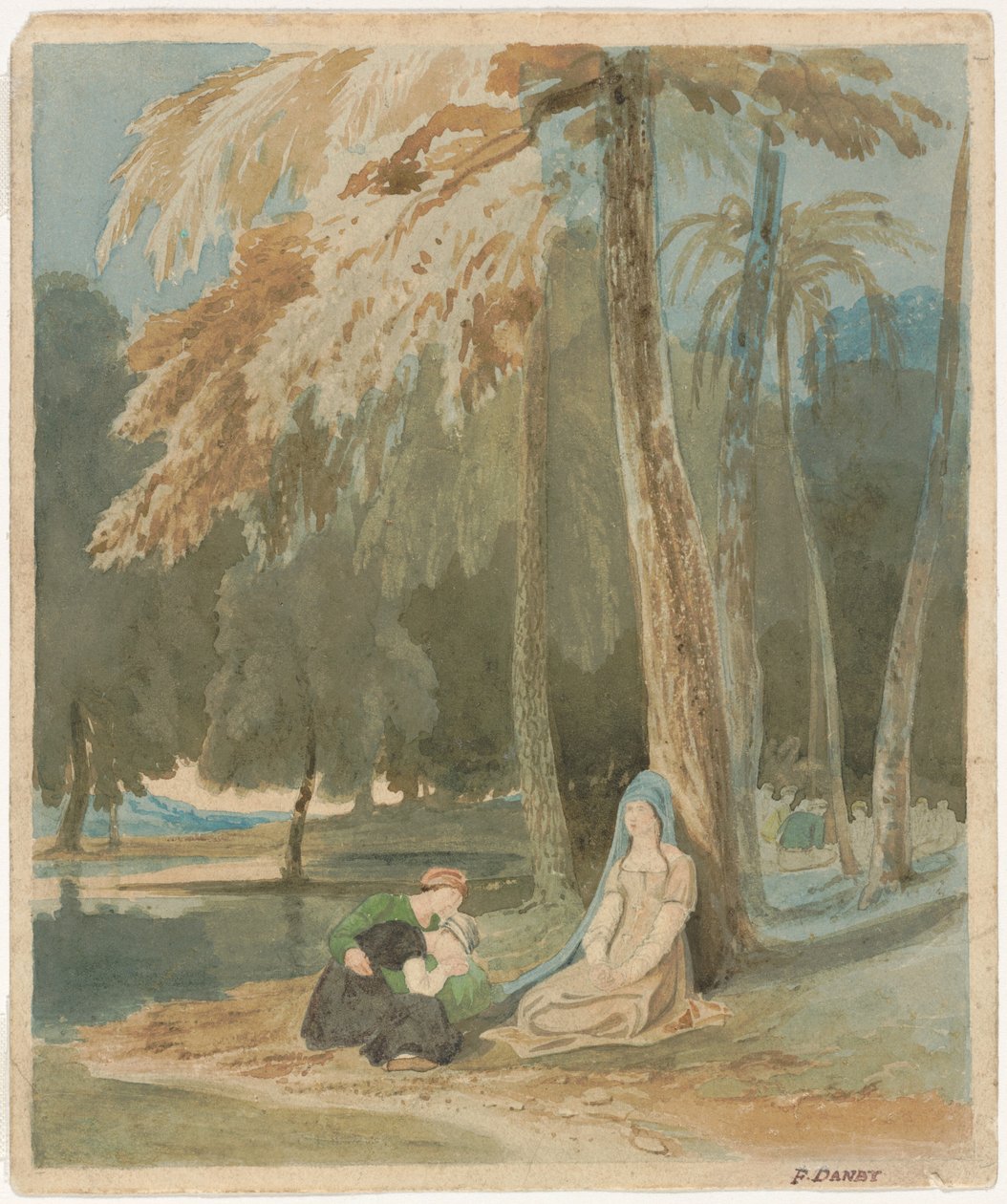Três mulheres sentadas à beira de um lago arborizado de Francis Danby
