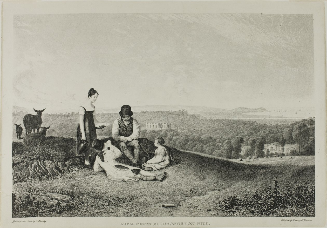 Vista de Kings, Weston Hill, de três vistas, ilustrativa do cenário de Bristol e seus arredores de Francis Danby