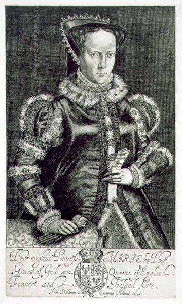 Retrato de Maria I (1516-58) Retrato da Supplicação de Thomas Hongar, gravada pelo artista, pub. por Compton Holland (gravura) de Francis Delaram