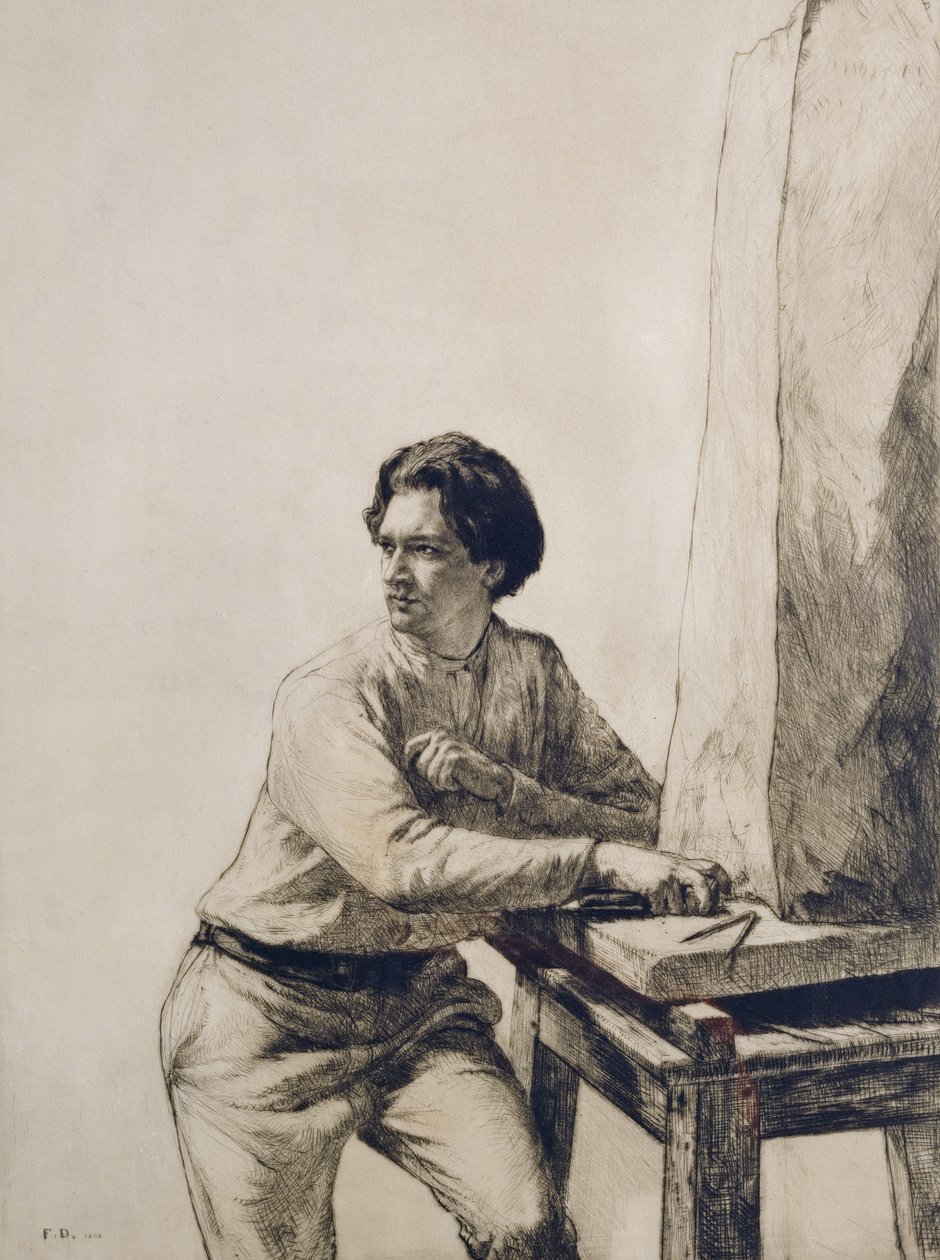 Retrato de Jacob Epstein (1880-1959) 1909 (gravura de ponta seca em tinta marrom escura) de Francis Dodd