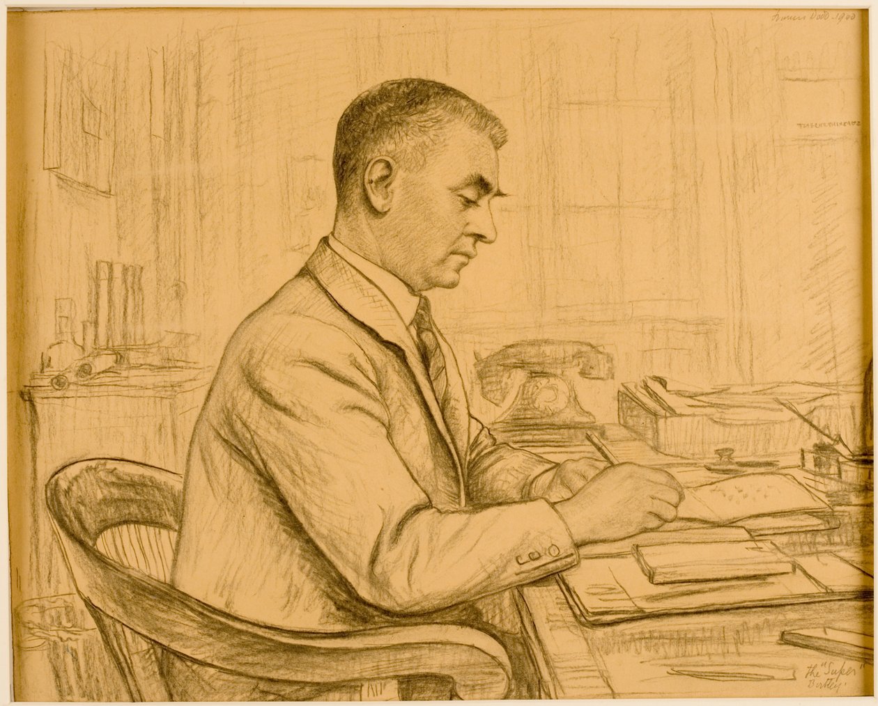 O Superintendente, Birtley (Leonard S. Flatman) (lápis de cera e lápis de cera sobre papel de buff) de Francis Dodd