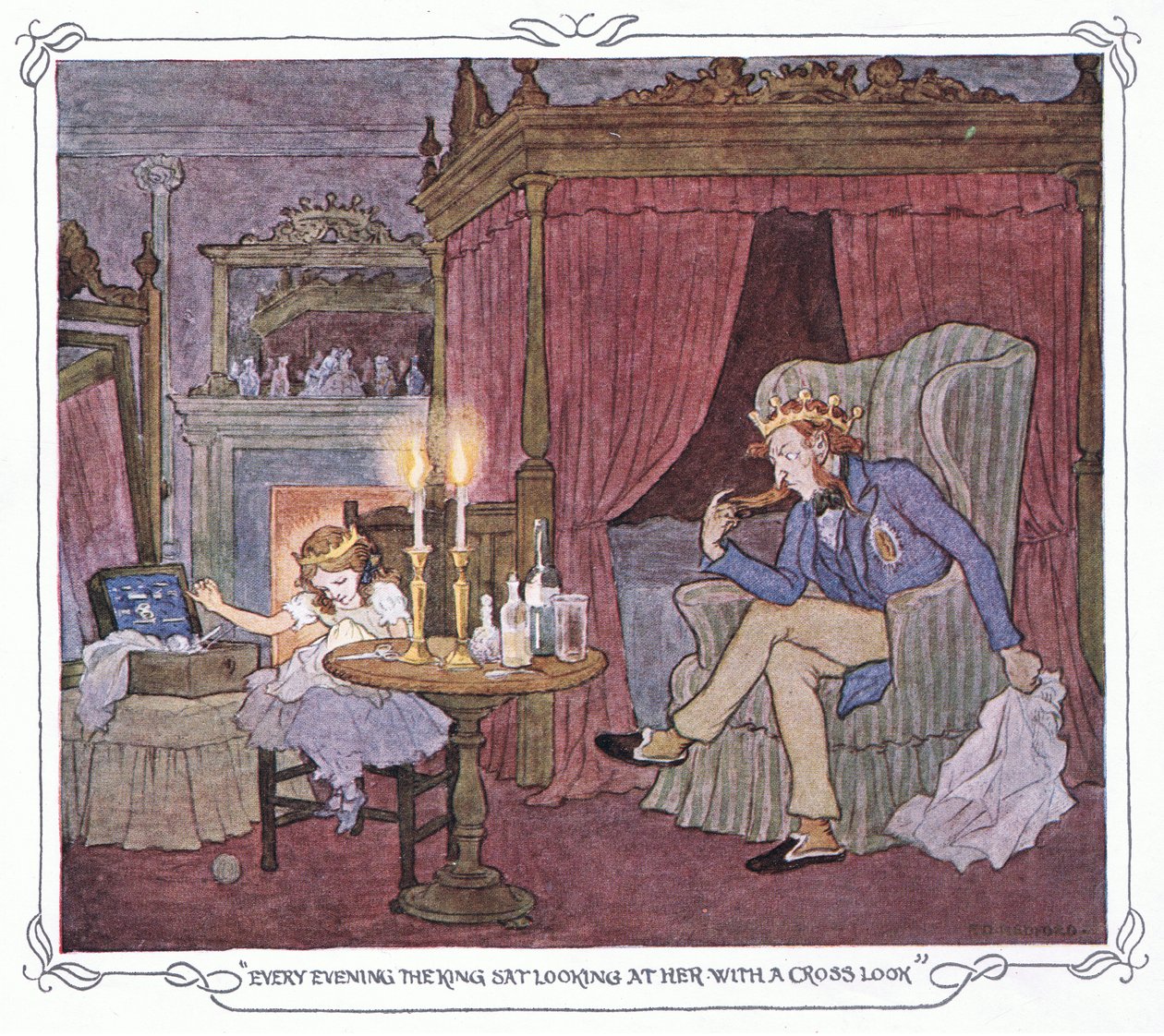 Todas as noites o rei sentava-se a olhar para ela com um olhar atravessado, de The Magic Fishbone pub.by Warne  Co, c.1940 (litografia a cores) de Francis Donkin Bedford