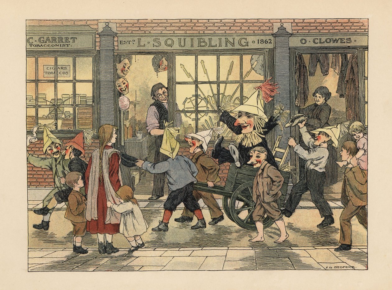 Loja de fogo de artifício - Crianças vitorianas puxando um Guy numa carroça na noite de Guy Fawkes, em frente à loja de fogo de artifício de L. Squibling. Cromolitografia a partir de uma ilustração de Francis Donkin Bedford do "The Book of Shops" de Edward de Francis Donkin Bedford
