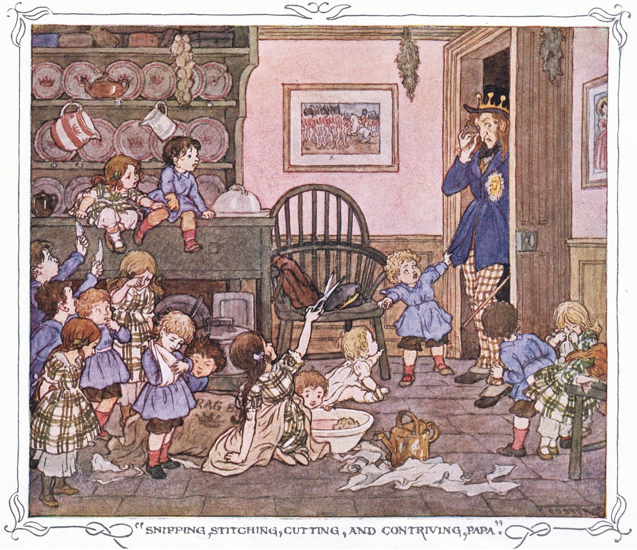 "Cortar, coser, recortar e criar, papá", de The Magic Fishbone pub.by Warne  Co, c.1940 (litografia a cores) de Francis Donkin Bedford