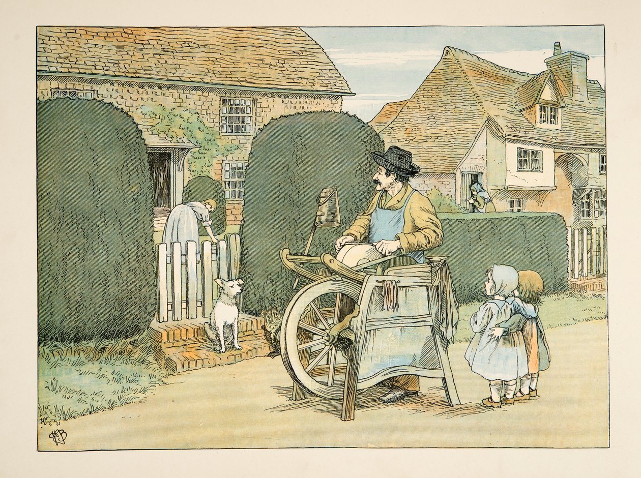 O amolador de facas, de Four and Twenty Toilers, pub. 1900 (litografia a cores) de Francis Donkin Bedford