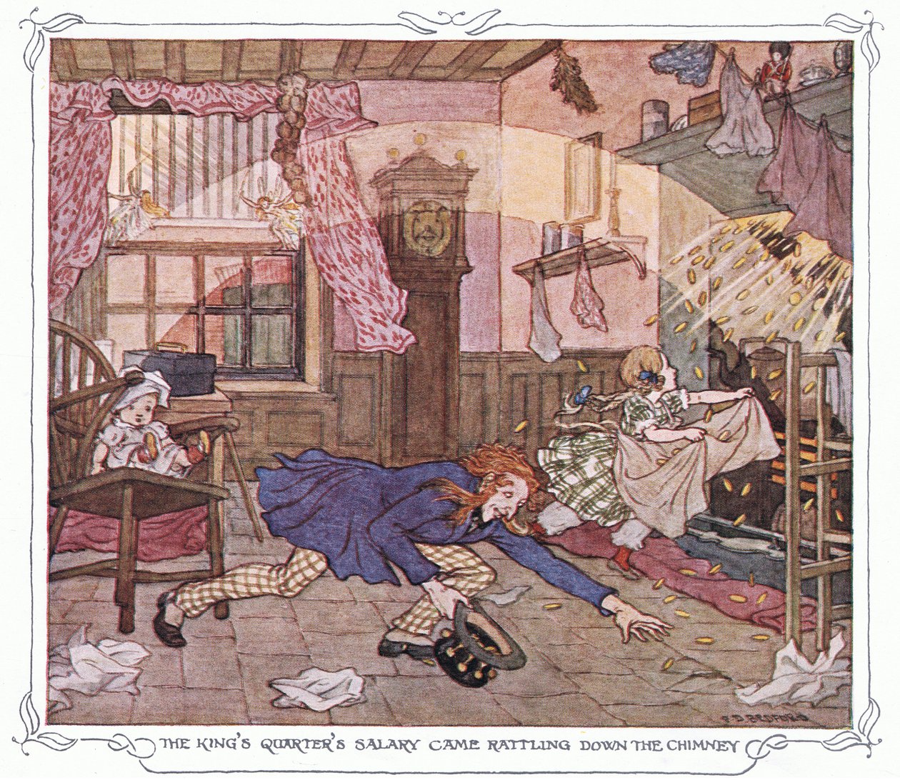 O salário dos aposentos do rei desceu pela chaminé, de The Magic Fishbone pub.by Warne  Co, c.1940 (litografia a cores) de Francis Donkin Bedford