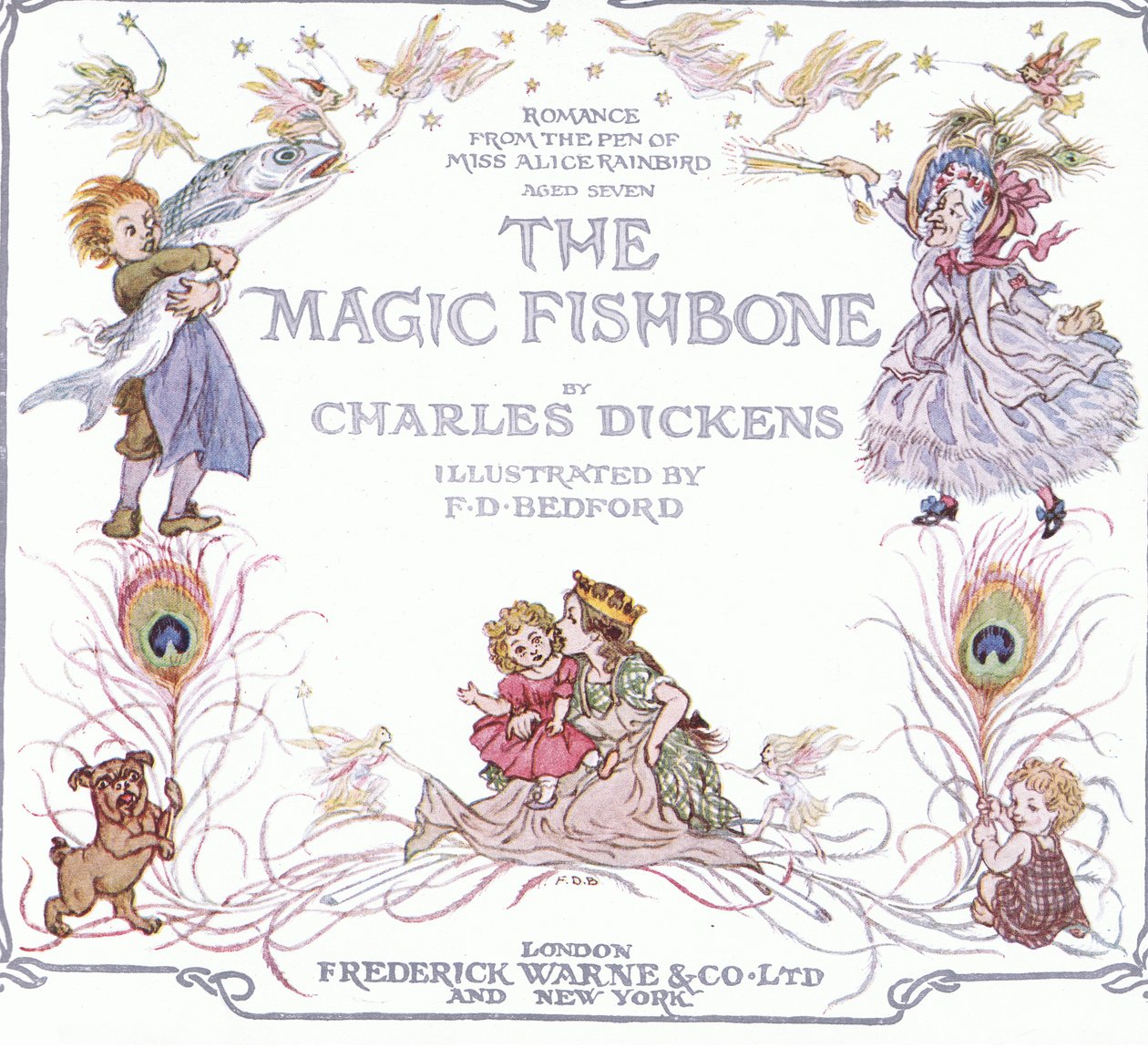 Página de título, de The Magic Fishbone pub.by Warne  Co, c.1940 (litografia a cores) de Francis Donkin Bedford