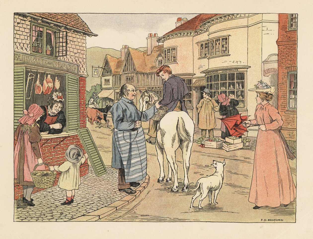 Talhante vitoriano e rapaz do talho a cavalo numa rua de uma aldeia. Cromolitografia a partir de uma ilustração de Francis Donkin Bedford de "The Book of Shops" de Edward Verrall Lucas de Francis Donkin Bedford