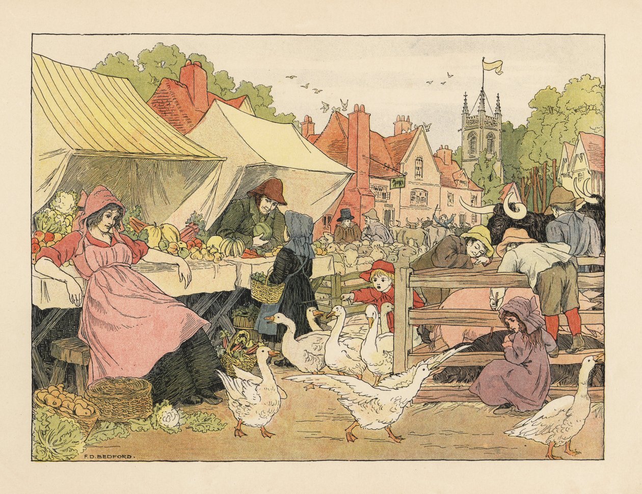 Crianças vitorianas a comprar legumes, a perseguir gansos e a picar porcos num mercado de aldeia. Cromolitografia a partir de uma ilustração de Francis Donkin Bedford de "The Book of Shops", de Edward Verrall Lucas de Francis Donkin Bedford