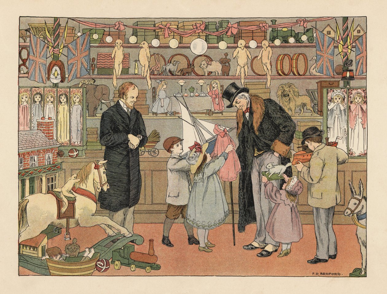 Crianças vitorianas a escolher brinquedos com o tio numa loja de brinquedos. Cromolitografia a partir de uma ilustração de Francis Donkin Bedford de "The Book of Shops", de Edward Verrall Lucas de Francis Donkin Bedford