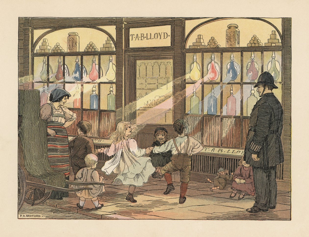 Crianças vitorianas a dançar em frente a uma farmácia enquanto um polícia observa. Cromolitografia a partir de uma ilustração de Francis Donkin Bedford de "The Book of Shops", de Edward Verrall Lucas de Francis Donkin Bedford