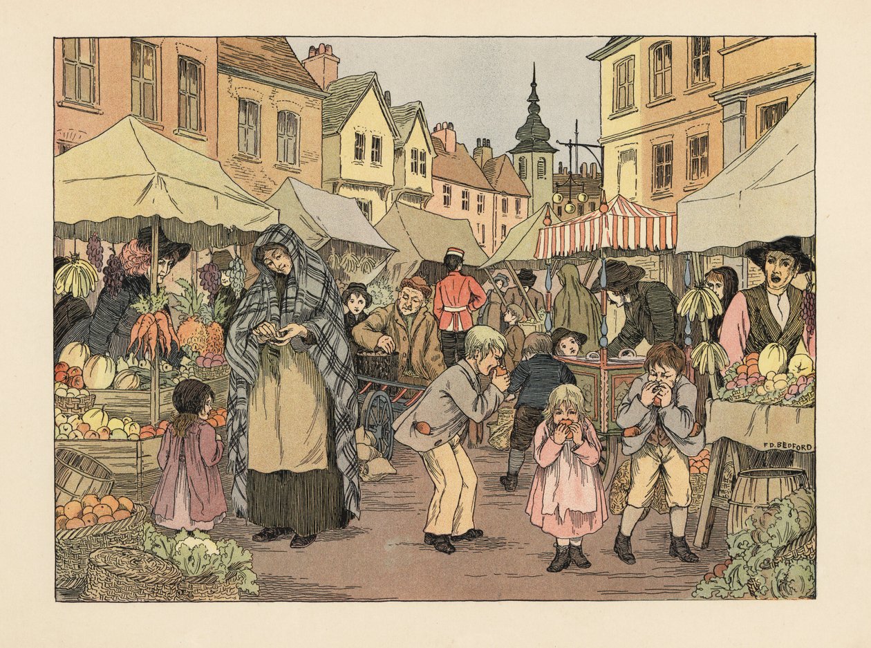 Crianças vitorianas a comer laranjas de um tostão em bancas de fruta e legumes num mercado do East End de Londres. Cromolitografia a partir de uma ilustração de Francis Donkin Bedford de "The Book of Shops", de Edward Verrall Lucas de Francis Donkin Bedford