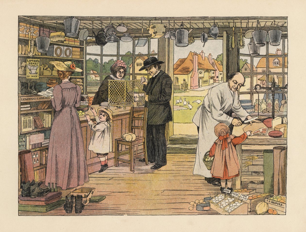 Clientes vitorianos a comprar presunto, livros e encomendas postais na loja da aldeia. Cromolitografia a partir de uma ilustração de Francis Donkin Bedford de "The Book of Shops", de Edward Verrall Lucas de Francis Donkin Bedford