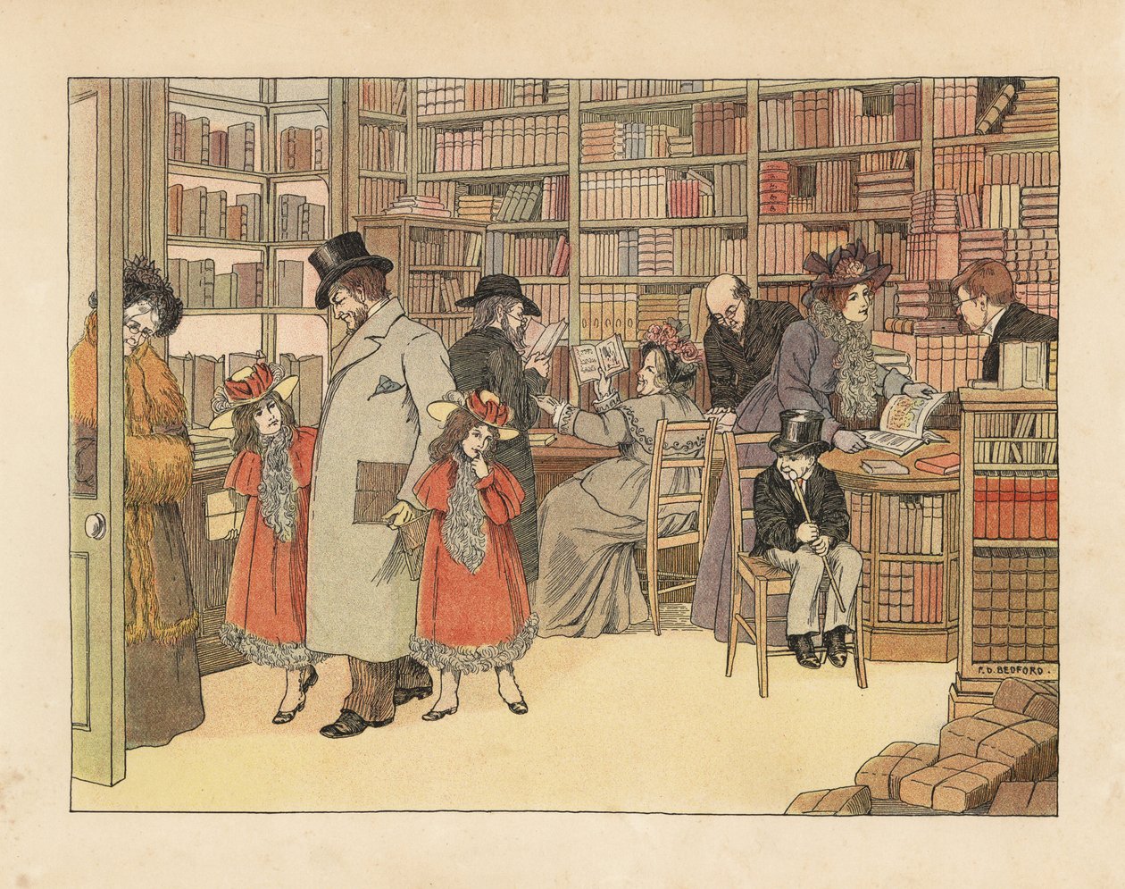 Clientes vitorianos numa livraria. Cromolitografia a partir de uma ilustração de Francis Dorkin Bedford da obra "The Book of Shops" de Edward Verrall Lucas, Grant Richards, Londres de Francis Donkin Bedford
