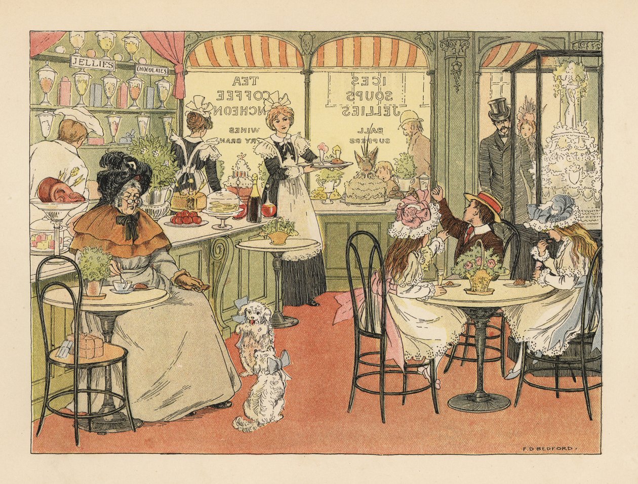 Clientes vitorianos numa loja de chá e confeiteiros. Cromolitografia a partir de uma ilustração de Francis Donkin Bedford de "The Book of Shops", de Edward Verrall Lucas de Francis Donkin Bedford