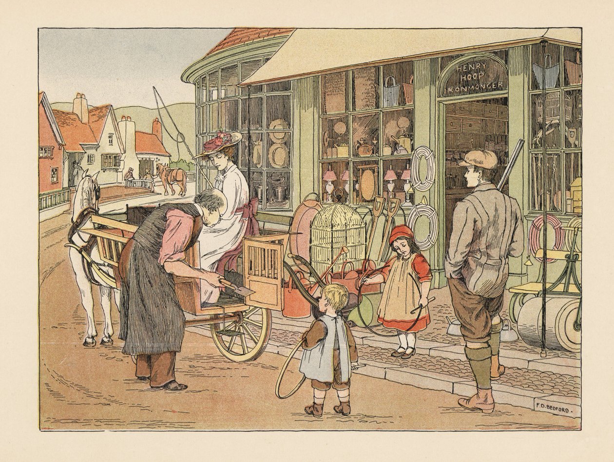 Família vitoriana em Henry Hoop, o ferreiro da aldeia. Cromolitografia a partir de uma ilustração de Francis Donkin Bedford de "The Book of Shops", de Edward Verrall Lucas de Francis Donkin Bedford