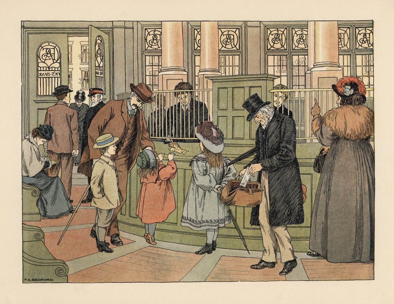 Família vitoriana num banco a levantar dinheiro de um caixa com talões bancários. Cromolitografia a partir de uma ilustração de Francis Donkin Bedford do livro "The Book of Shops" de Edward Verrall Lucas de Francis Donkin Bedford