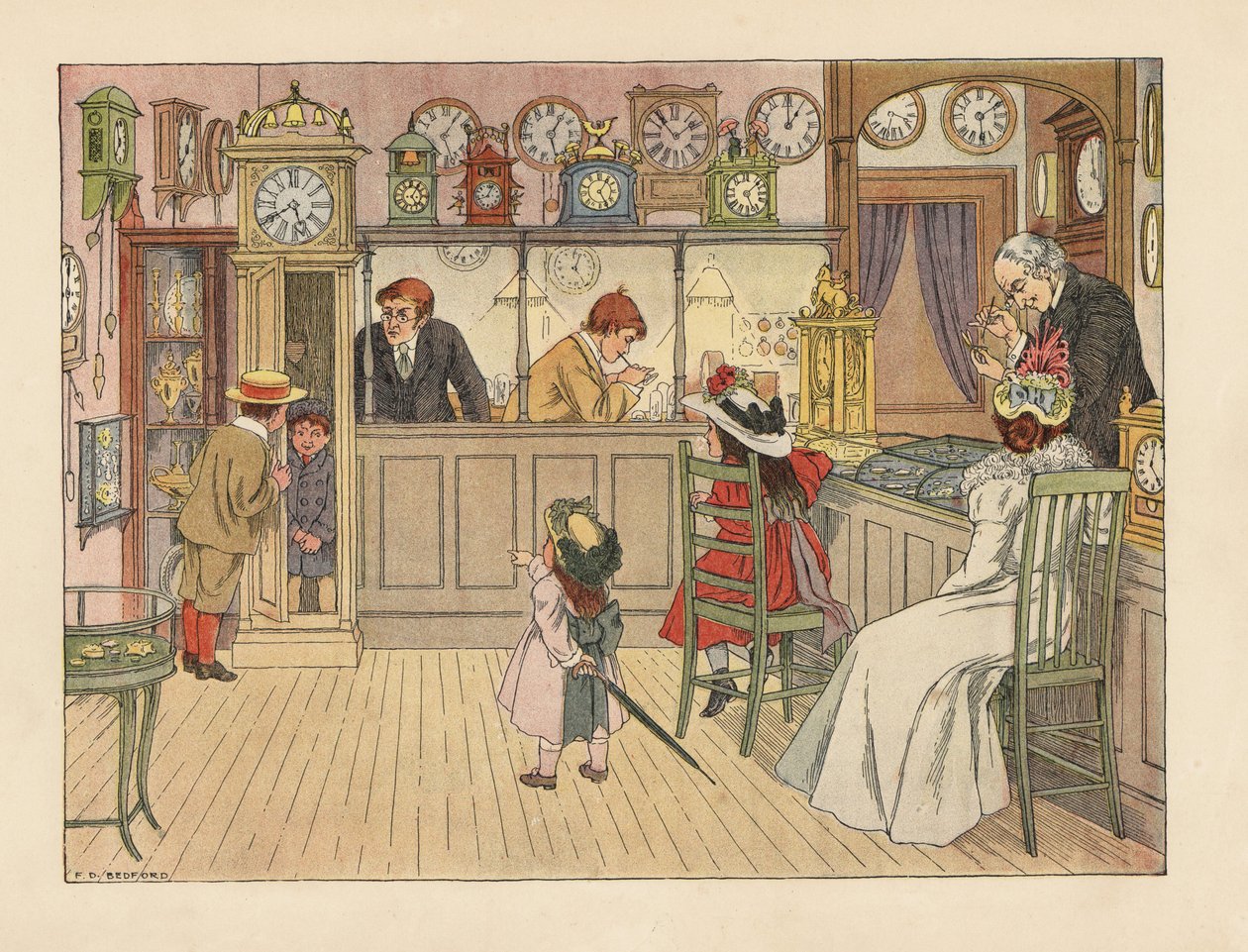 Família vitoriana no relojoeiro. Crianças a brincar num relógio de pêndulo, enquanto um funcionário arranja um relógio. Cromolitografia a partir de uma ilustração de Francis Donkin Bedford de The Book of Shops, de Edward Verrall Lucas de Francis Donkin Bedford