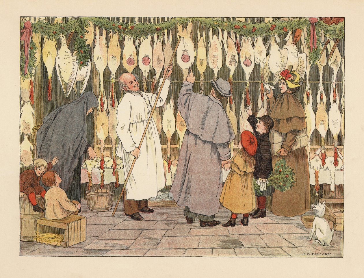 Família vitoriana a escolher um peru para o Natal no aviário. Talhante de bata com um gancho a retirar uma ave. Cromolitografia a partir de uma ilustração de Francis Donkin Bedford de "The Book of Shops", de Edward Verrall Lucas de Francis Donkin Bedford