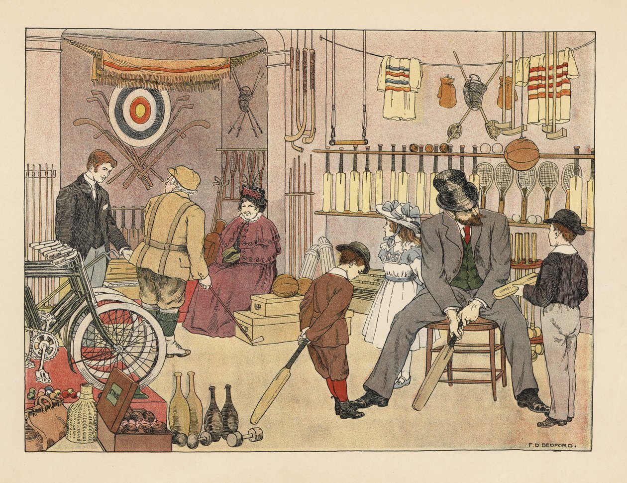 Pai vitoriano e filhos a comprar tacos de críquete numa loja de artigos desportivos. Golfista em plus fours com um empregado da loja. Cromolitografia a partir de uma ilustração de Francis Donkin Bedford de "The Book of Shops" de Edward Verrall Lucas de Francis Donkin Bedford
