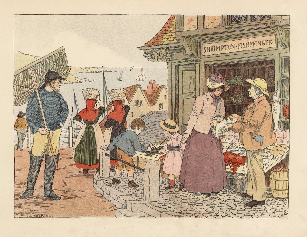 Peixaria vitoriana perto da orla marítima. Pescador de botas com rede e mulheres pescadoras com sapatilhas. Cromolitografia a partir de uma ilustração de Francis Donkin Bedford do Livro das Lojas de Edward Verrall Lucas de Francis Donkin Bedford