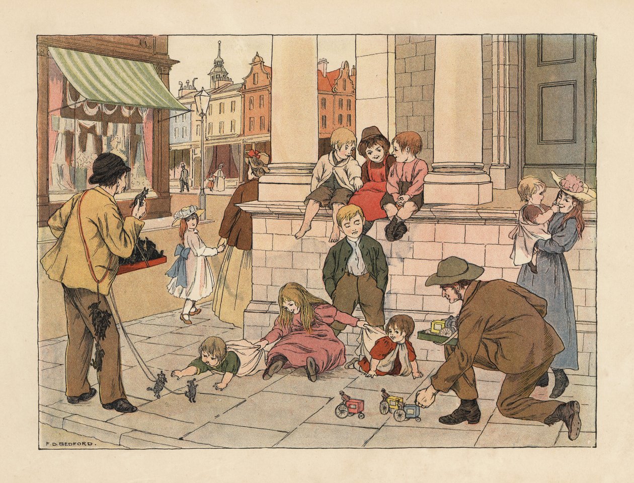 Comerciantes vitorianos que vendem brinquedos de tostão às crianças numa rua de Londres. Cromolitografia a partir de uma ilustração de Francis Donkin Bedford de "The Book of Shops", de Edward Verrall Lucas de Francis Donkin Bedford