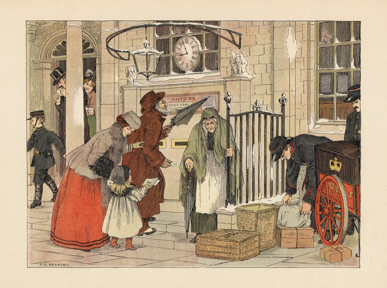 Pessoas da época vitoriana a enviar cartas perto do dia de Natal na estação de correios. Cromolitografia a partir de uma ilustração de Francis Donkin Bedford de "The Book of Shops", de Edward Verrall Lucas de Francis Donkin Bedford