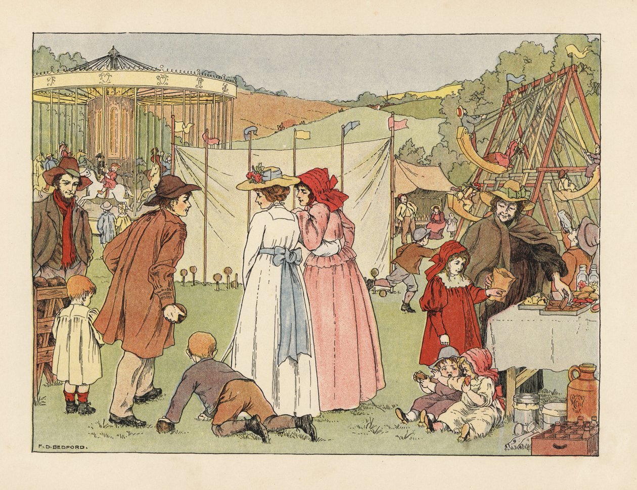 Jovens vitorianos num coco tímido, crianças em baloiços e carrossel numa feira de aldeia. Cromolitografia a partir de uma ilustração de Francis Donkin Bedford de "The Book of Shops", de Edward Verrall Lucas de Francis Donkin Bedford