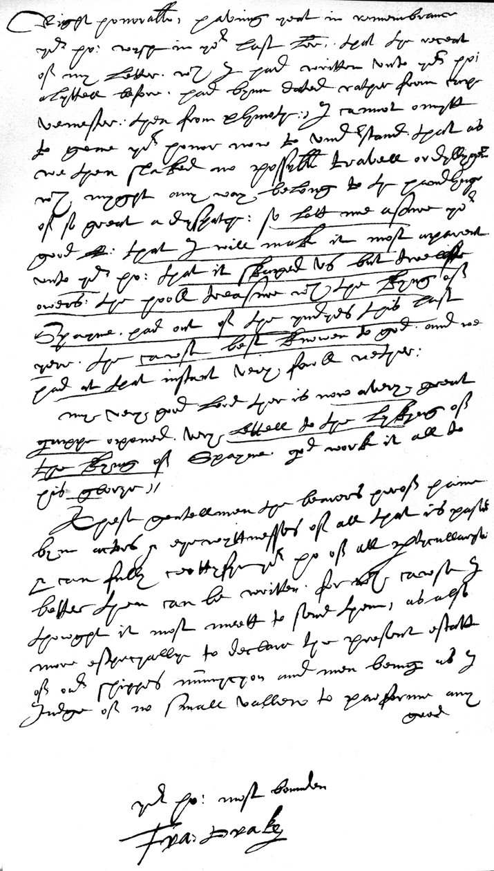 Carta a William Cecil, lorde Burghley, lorde alto tesoureiro, escrita a bordo de sua nau capitânia, "Elizabeth Bonaventure" em Plymouth, em 26 de julho de 1586 (caneta e tinta no papel) de Francis Drake
