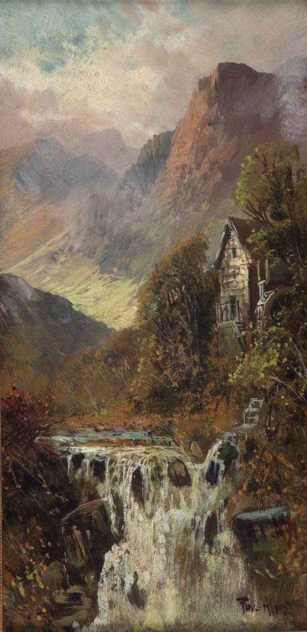 Moinho, cascata e montanha, Bodhyfryd (óleo sobre tábua) de Francis E. Jamieson