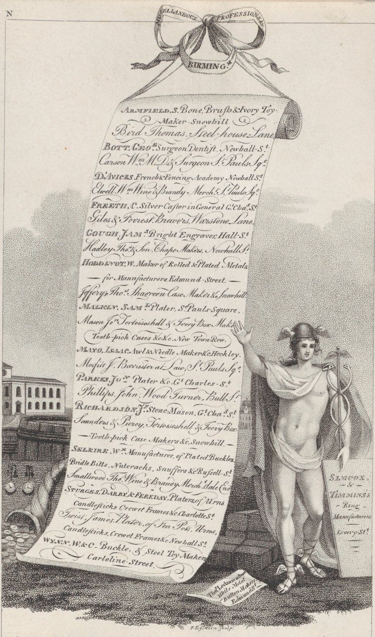 Cartão comercial para profissões diversas etc., Birmingham, 1800 de Francis Eginton