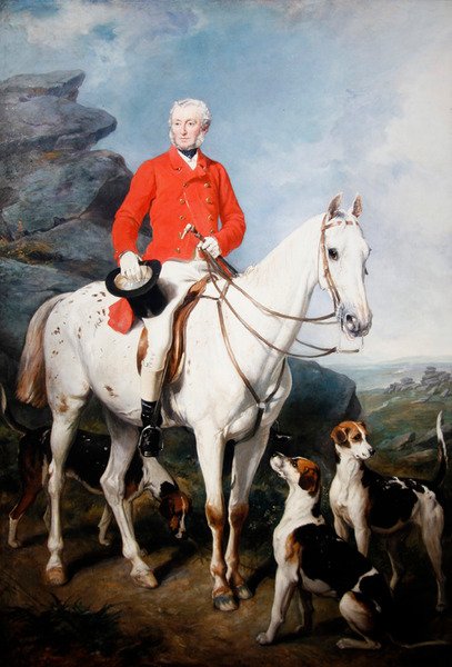 Retrato de Charles Trelawny, Esq., Mestre da Caça ao Dartmoor, no seu caçador favorito Grimaldi, com os cães de caça Conqueror, Lounger e Windermere de Francis Grant