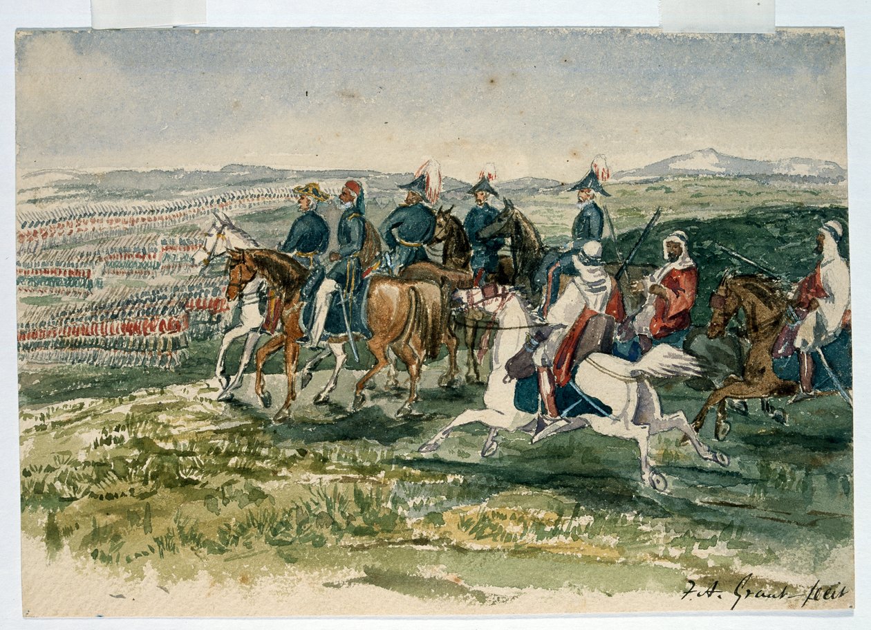 Os guardas e os montanheses recebidos por Omar Pasha e pelo marechal St Arnaud, comandados pelo duque de Cambridge em Aladyn, em 6 de julho de 1854 de Francis Grant