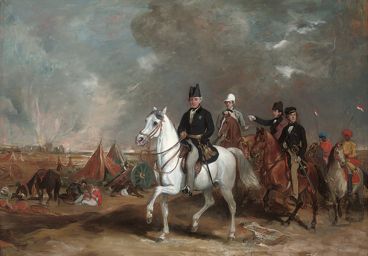 O visconde Hardinge, governador-geral da Índia, acompanhado por seus dois filhos e o coronel Wood, no campo de batalha de Ferozeshah de Francis Grant