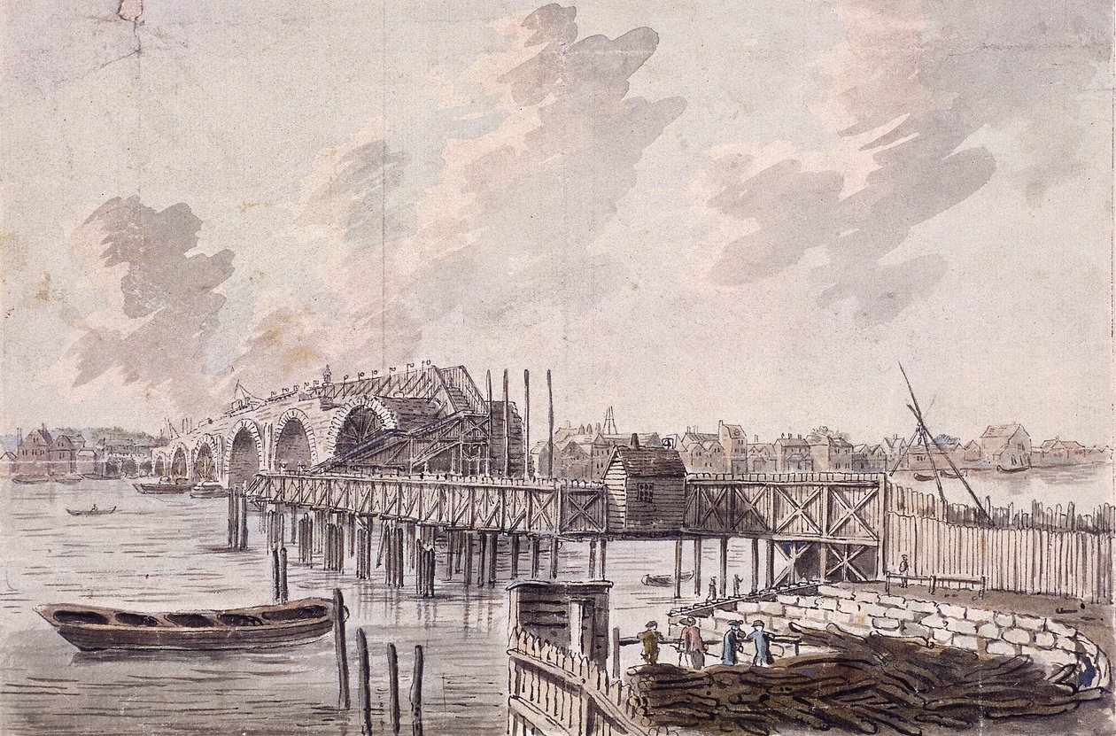 Construção da Ponte Blackfriars, Londres, c1762. de Francis Grose